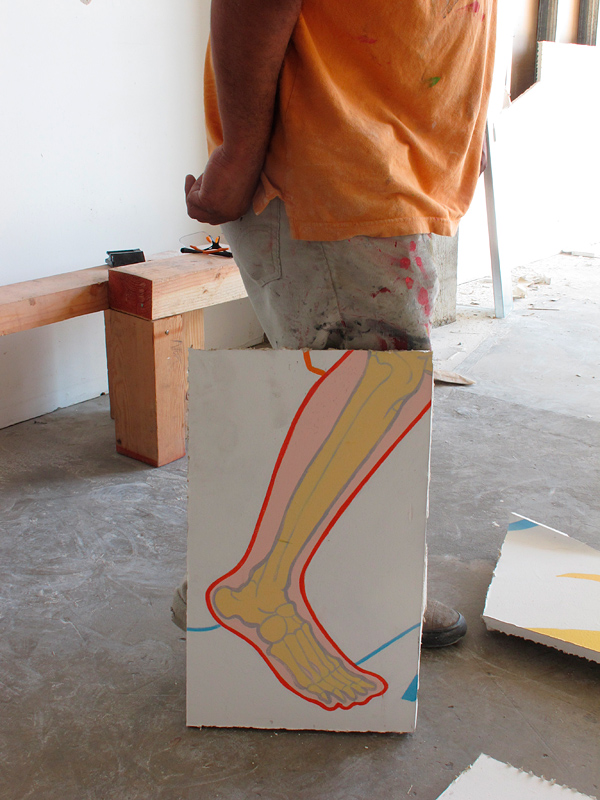 one leg cut out of the science and engineering mural at Iridescent's STEM education studio, Los Angeles