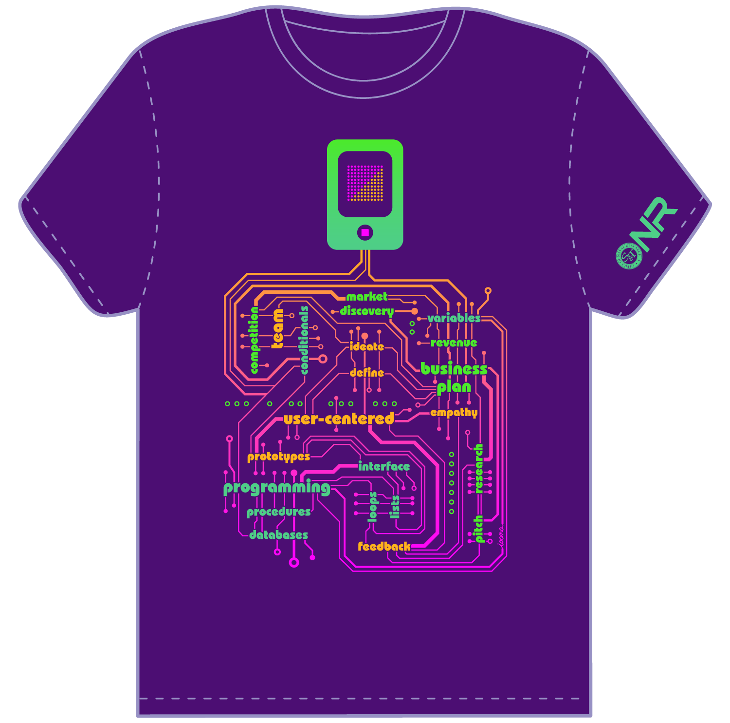 T-shirt for Iridescent's Technovation girls entrepreneurship coding program showing a circuit board going into a phone