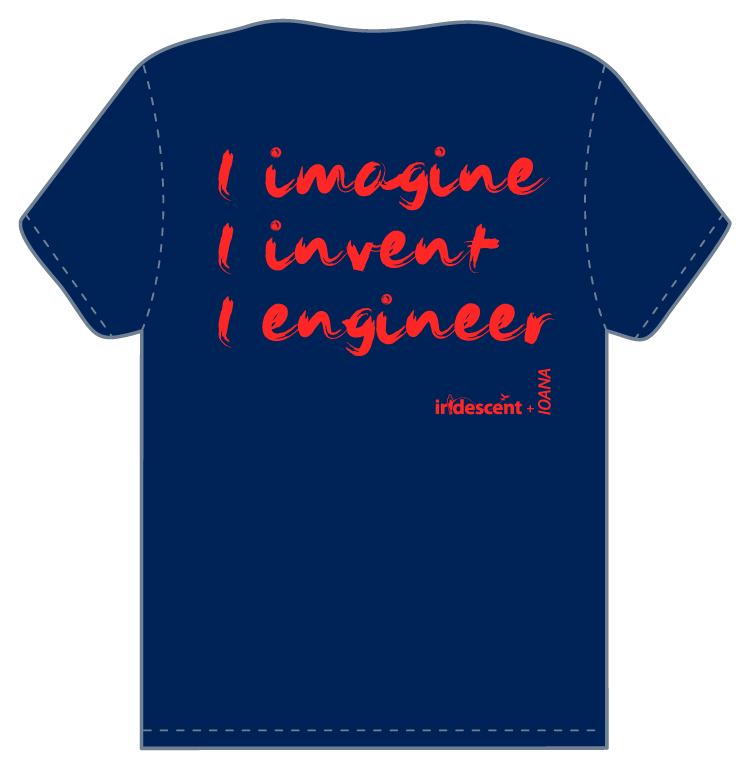 back of T-shirt with Iridescent's slogan: I imagine, I invent, I engineer