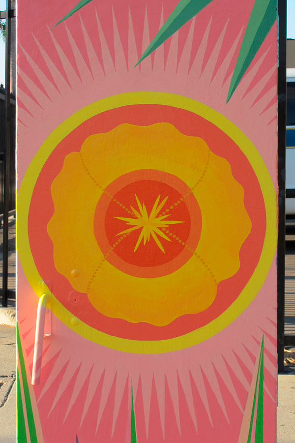 detail of California poppy as the sun mural on traffic box at Pacific Ave and 20th St, Wrigley Village, Long Beach, CA