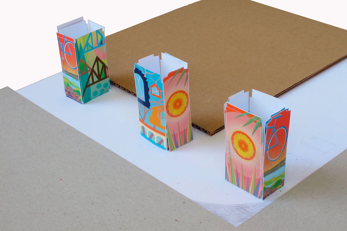 paper model studies of 3 traffic boxes with murals, Wrigley Village, Long Beach, CA