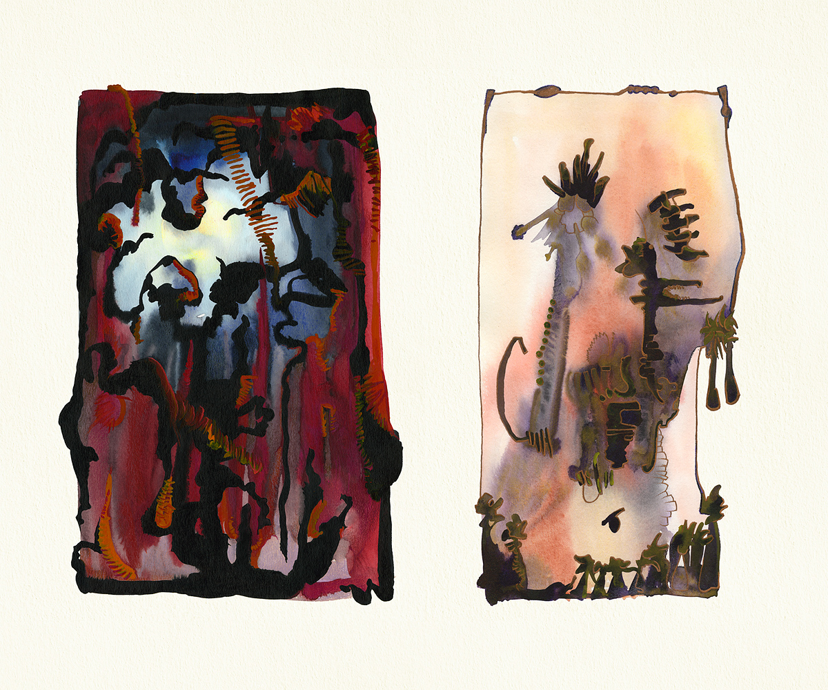 L: Hag Night Hiding Moon, R: Elsa au Miroir / Floarea Reginei, abstract biomorphic watercolor landscapes