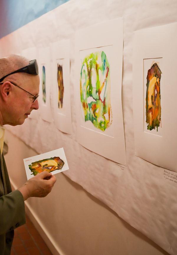 old man looking, interactive watercolor exhibit at Frances Goldwyn Hollywood Library
