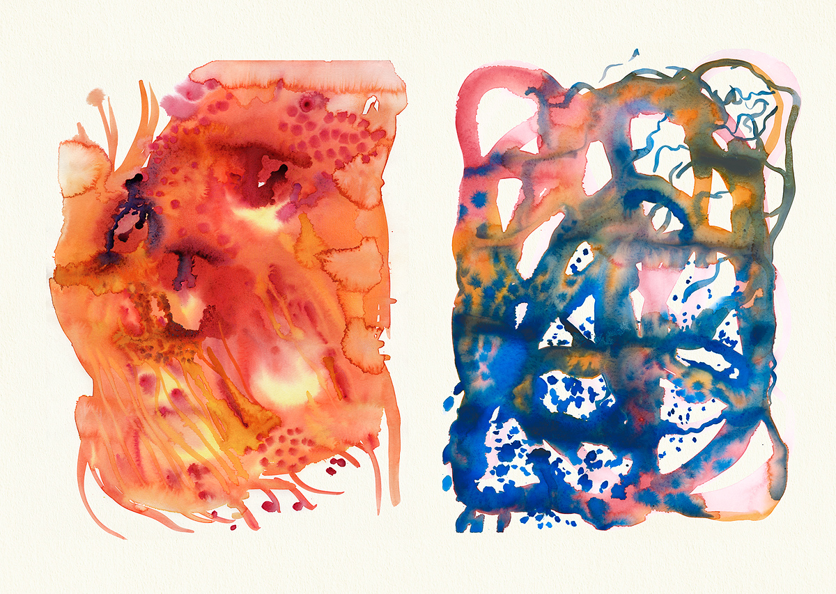 L: The Wall Has a Face, Enormous and Shadowy, R: Sweater Unraveling, abstract biomorphic watercolor landscapes