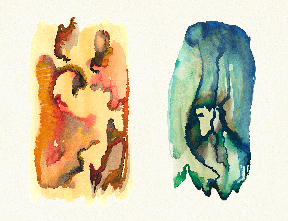 L: Pegasus Bowing, R: Dropped in the Tree / Dropped in the Tear, abstract biomorphic watercolor landscapes