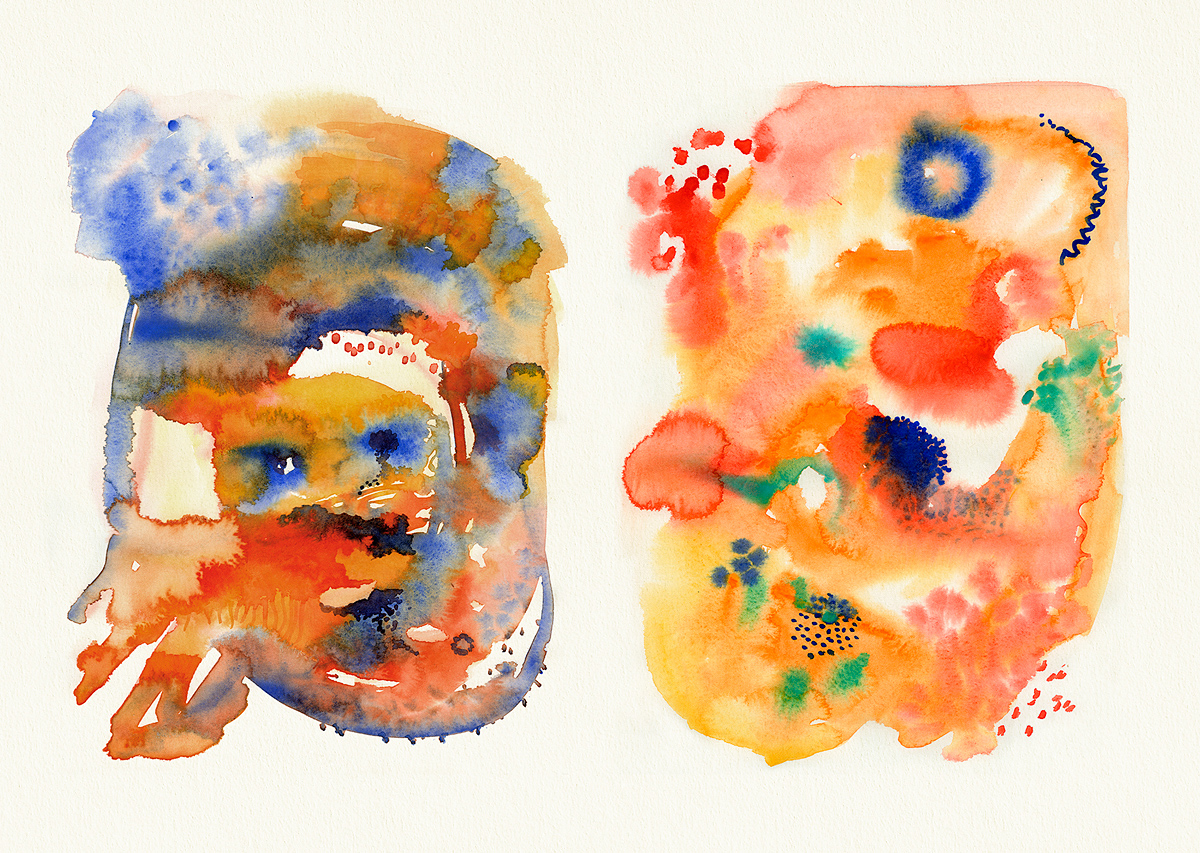 L: untitled (looks like the face of a man vomiting), R: Circus, abstract biomorphic watercolor landscape