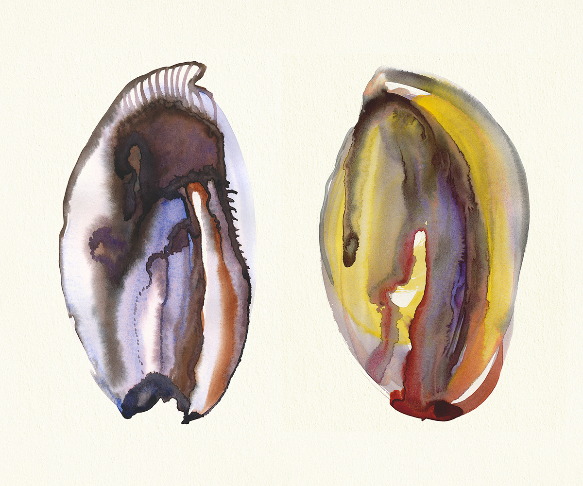 L: Fish, R :Crying / Eyes Without a Face / Self-Portrait from Within, abstract biomorphic watercolor landscapes