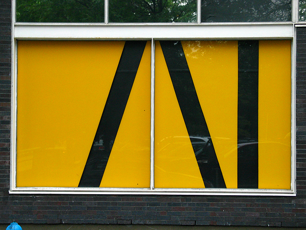 Big see through AI window sign, the Art Interactive Gallery, Cambridge, MA