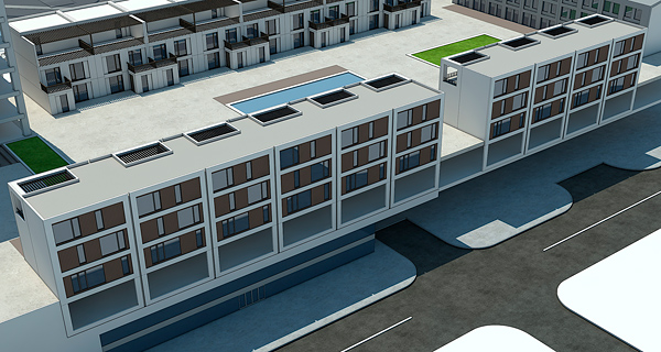 3D model of townhouses over parking structure, mixed-use architecture project in Anaheim, California