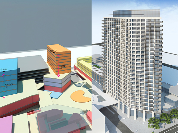 3D study model of condo, hotel and office tower heights, mixed-use architecture project in Anaheim, California