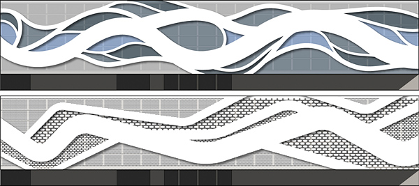 river-themed design for parking structure cover, mixed-use architecture project in Anaheim, California