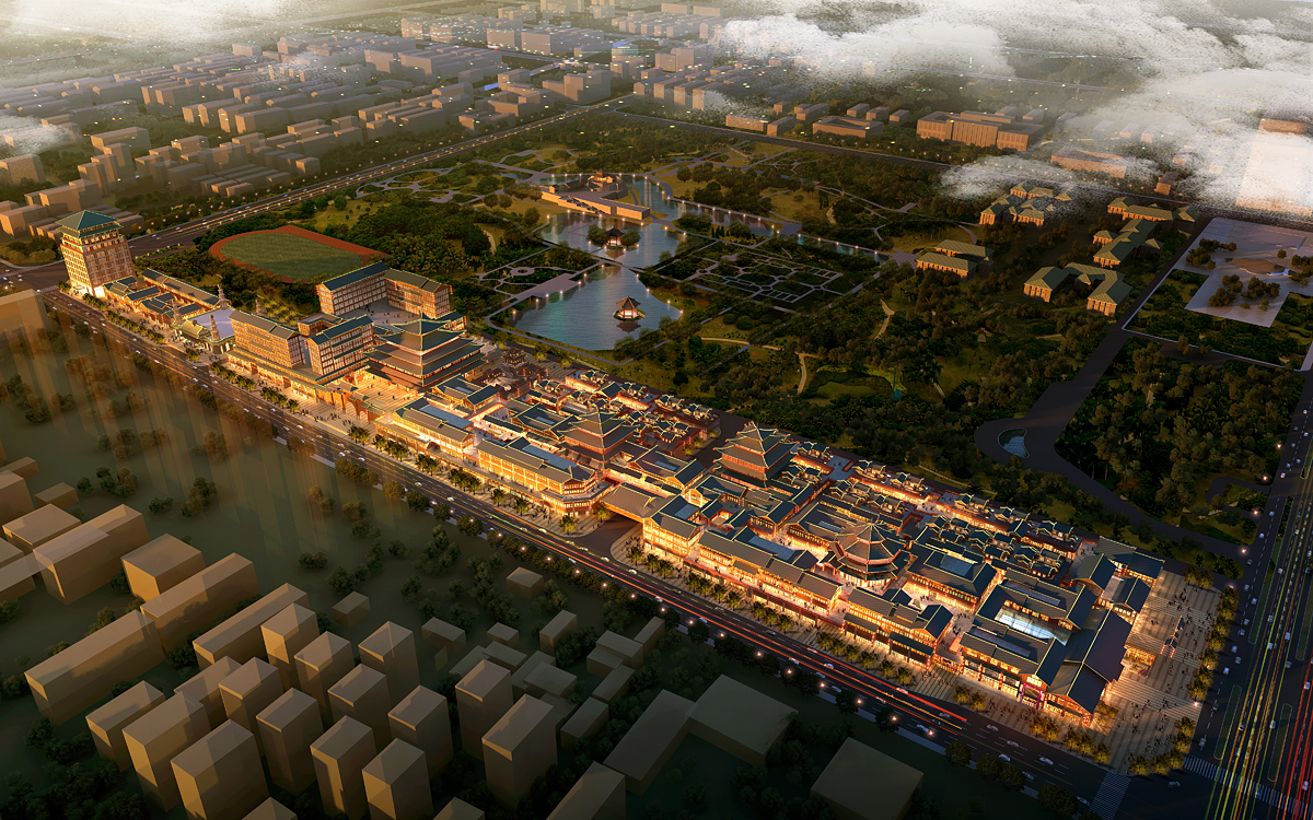 3D aerial rendering of almost 1km long mixed-use modern-traditional architecture project in Handan, China, in front of Congtai Great Park