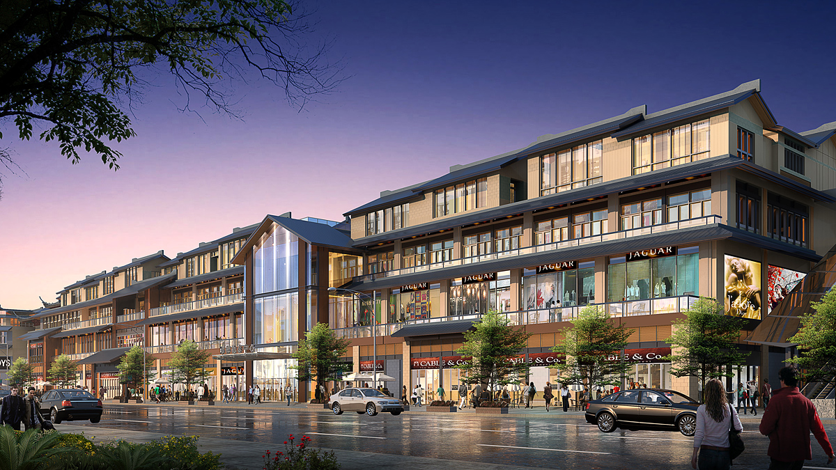 3D rendering of west facing elevation street, mixed-use modern-traditional architecture project in Handan, China