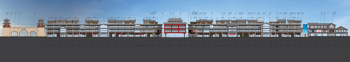 colored west elevation drawing, mixed-use modern-traditional architecture project in Handan, China