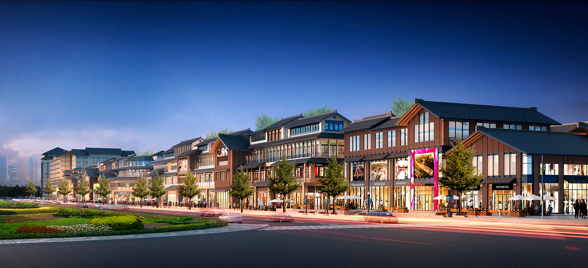 3D rendering of south west corner, mixed-use modern-traditional architecture project in Handan, China