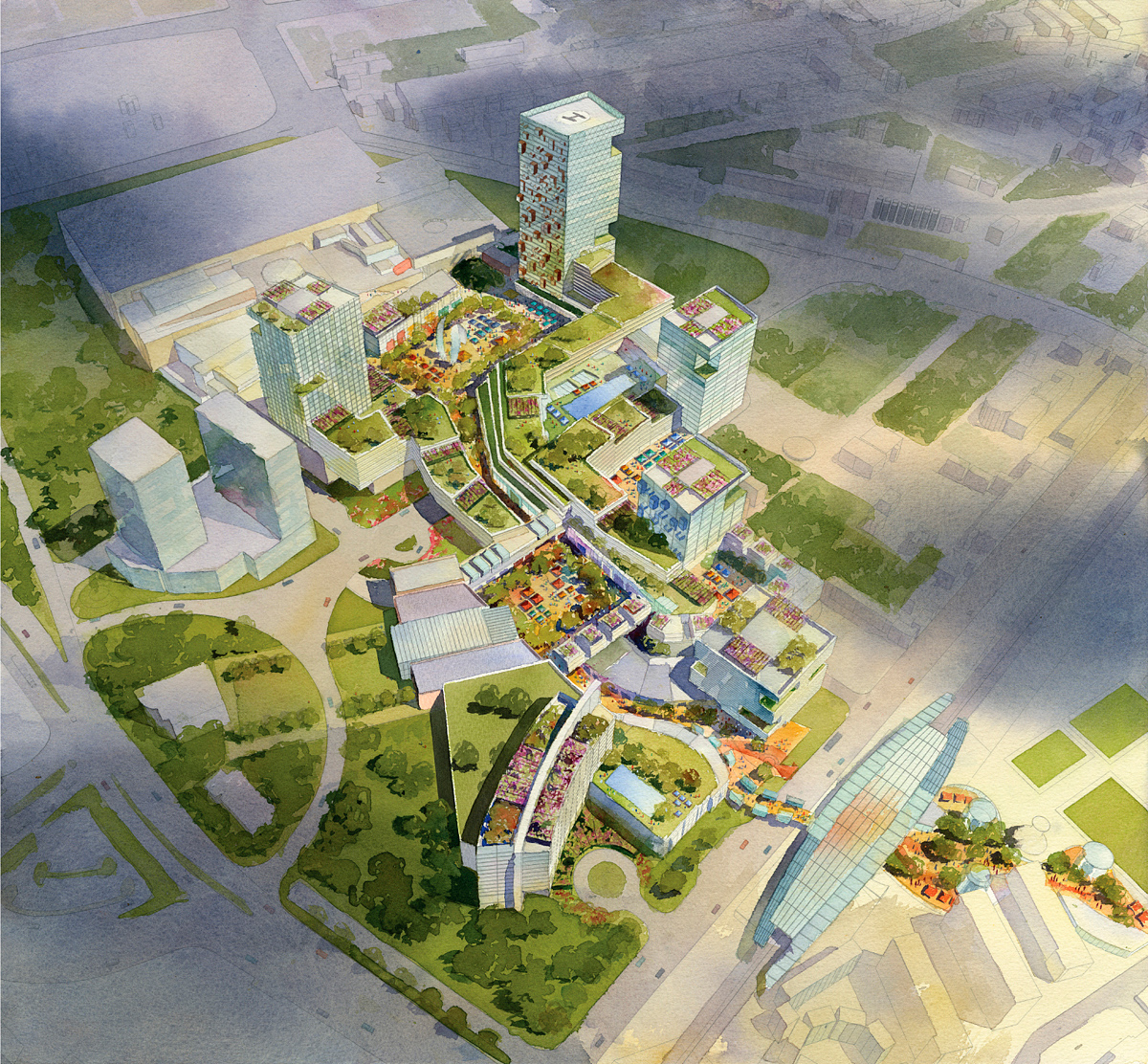 3D watercolor aerial rendering of large mixed-use project