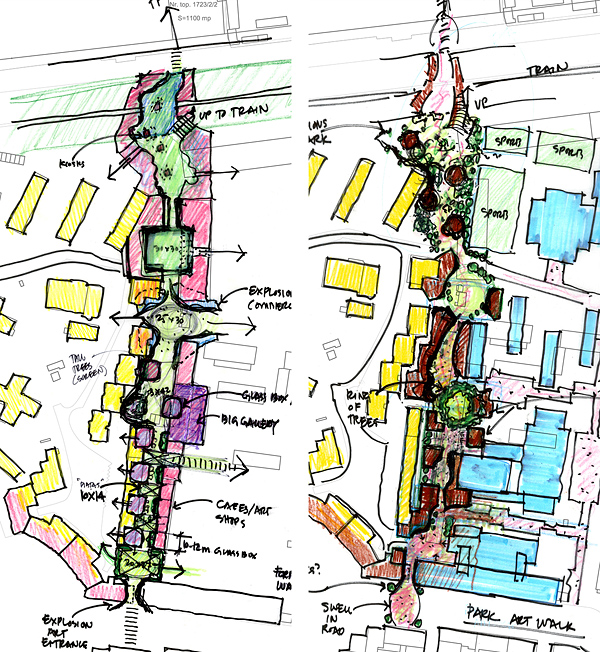 sketch study plans of art walk district street, large mixed-use project