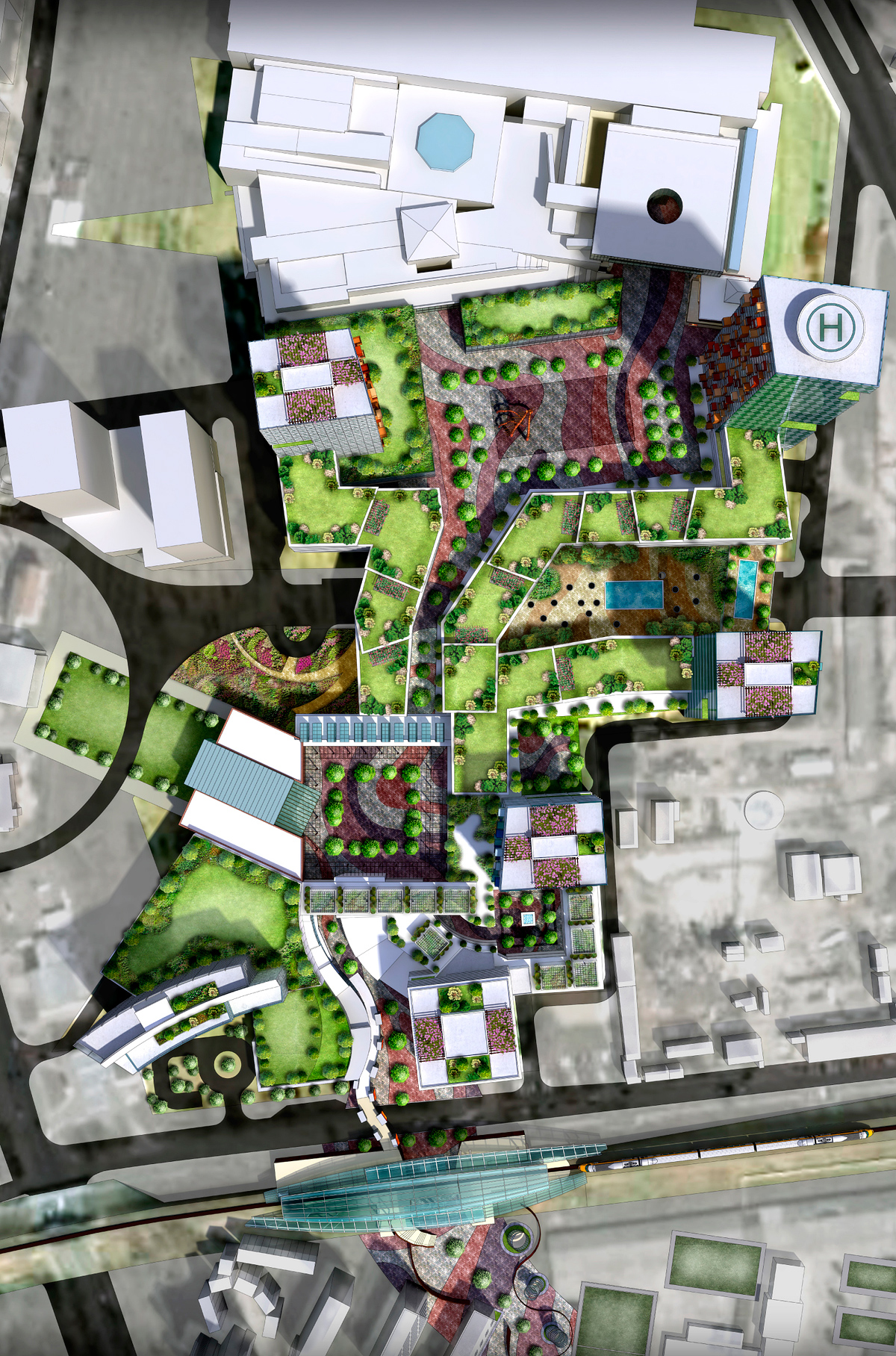 plan view of 3D model, large mixed-use project