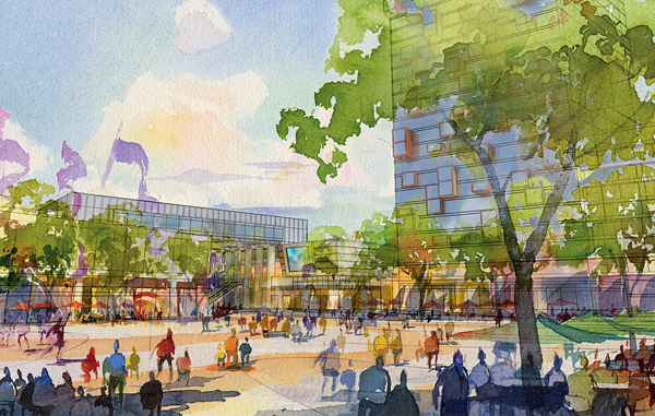 watercolor rendering of big plaza, large mixed-use project