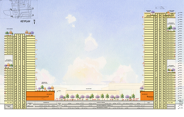 section through condo towers, large mixed-use project