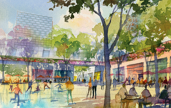watercolor rendering of smaller plaza, large mixed-use project