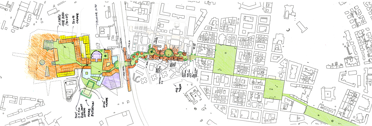 working sketch plan through city and 1km length of project showing plaza relationships, large mixed-use project