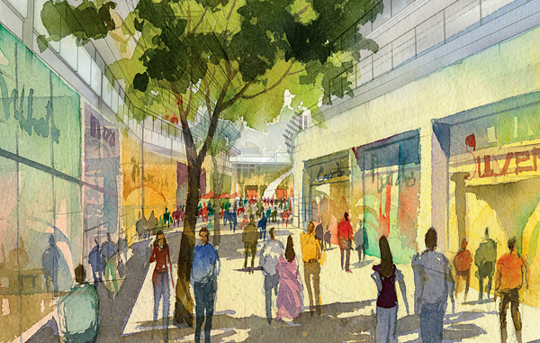watercolor rendering of retail street, large mixed-use project