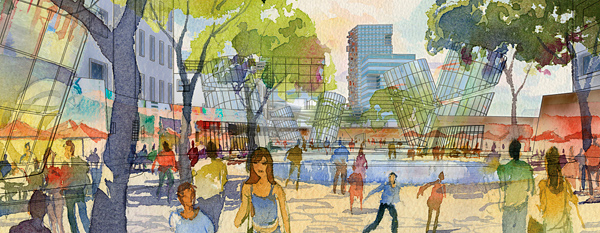 watercolor rendering of art walk district, large mixed-use project