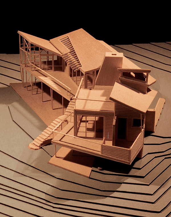 wood model of cedar-clad modern vacation house, Martha's Vineyard, MA