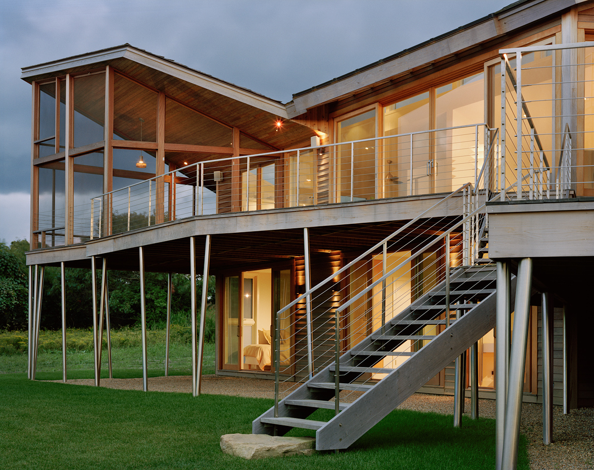 enclosed porch and back deck view, cedar-clad modern vacation house, Martha's Vineyard, MA