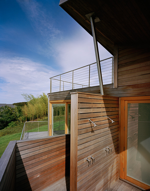 outdoor shower, cedar-clad modern vacation house, Martha's Vineyard, MA