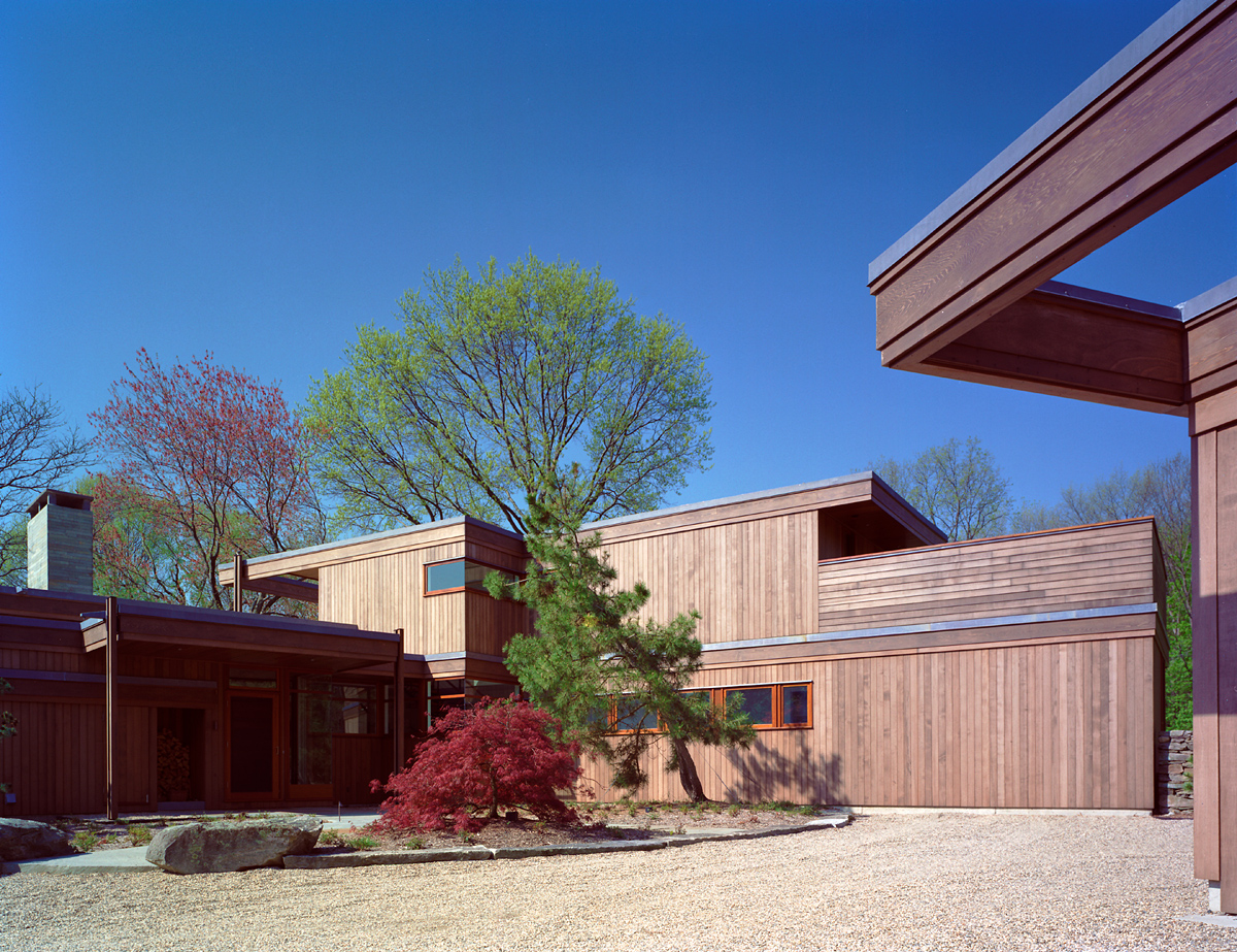 entry courtyard heavily clad in wood, modern house,  Greater Boston, MA