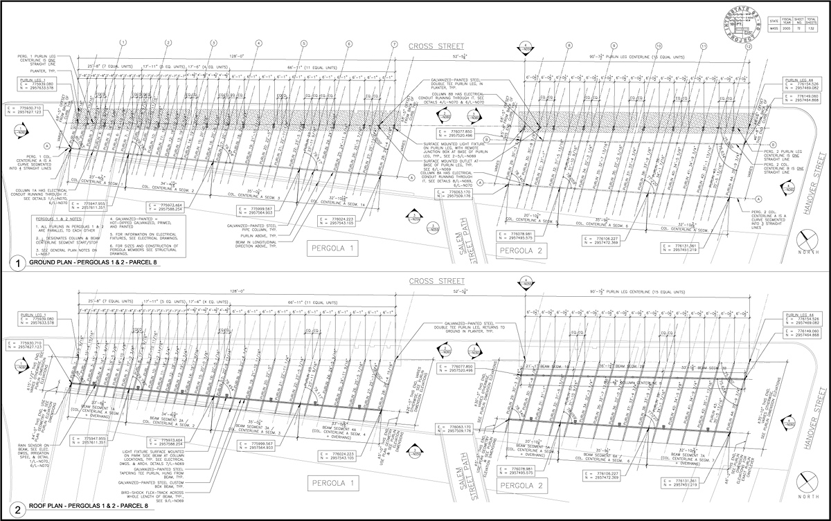 plan drawings of small and medium sized pergolas, North End Parks, Downtown Boston