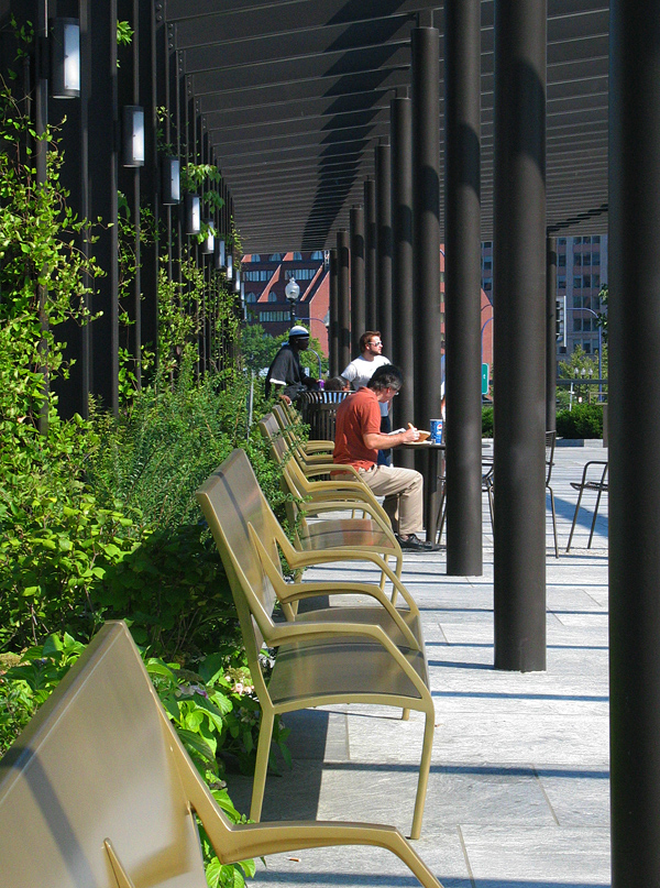 back of pergola space for benches with integrated lighting, North End Parks, Downtown Boston