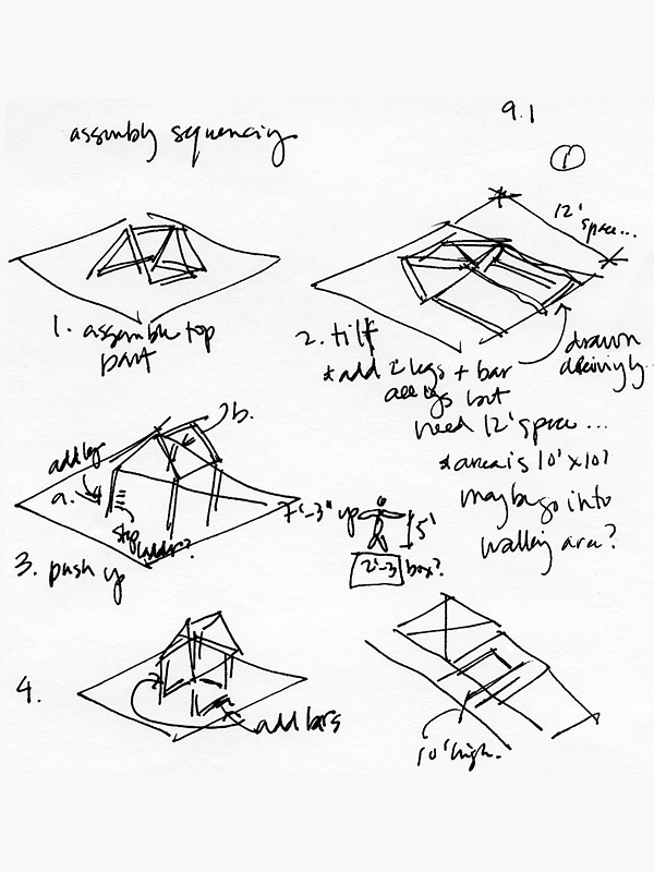 Assembly sketch of mobile, temporary pavilion installation for showcasing art at festivals