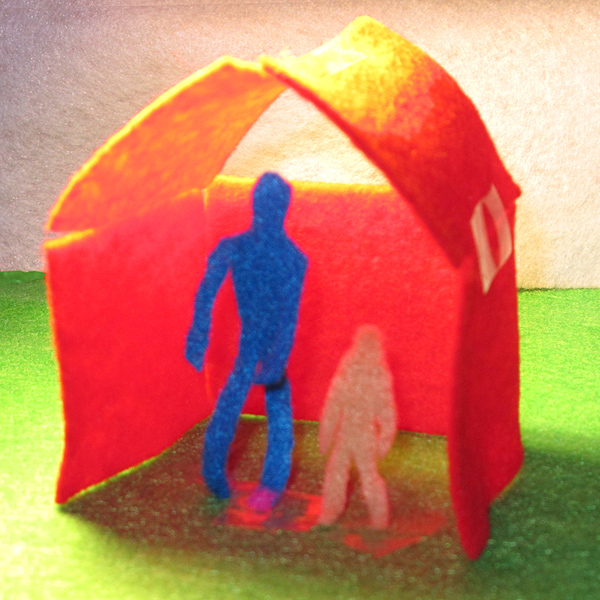 Felt study model with human and Avatar blue Na’vi for scale, mobile pavilion for art