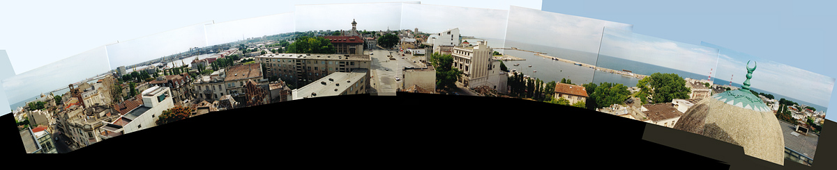 Panoramic view of central piazza from mosque minaret, historic center, Constanta, Romania