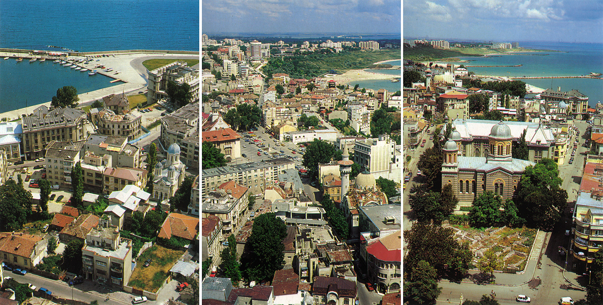 Aerial postcards of historic downtown Constanta, Romania