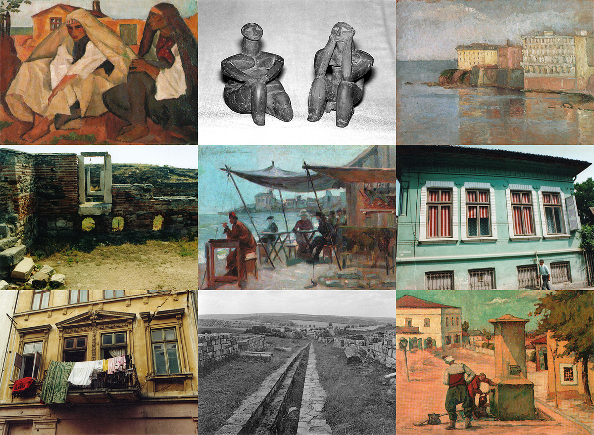 Collage of historic painting, sculptures, and current photographs describing Constanta, Romania and its environs