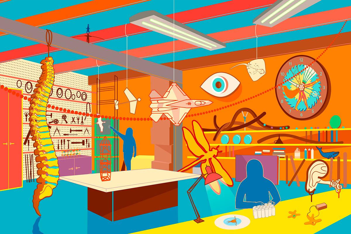 Web opening image of studio perspective illustration, Curiosity Machine online STEM program