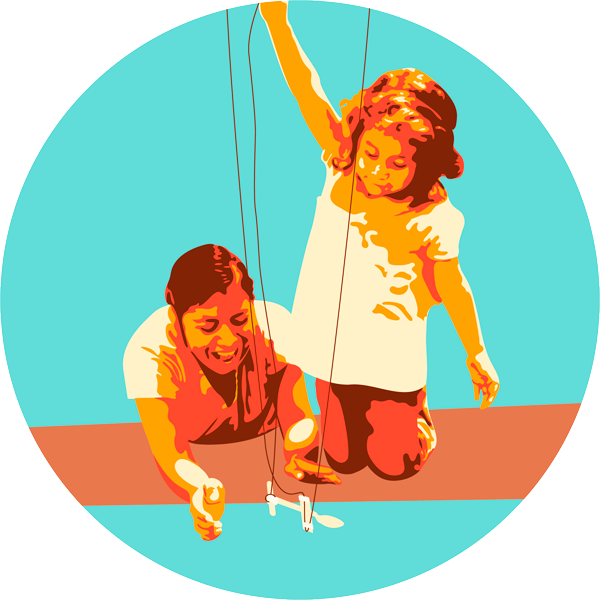 Design of sticker/magnet of girl and mom doing an engineering experiment, Curiosity Machine online STEM program