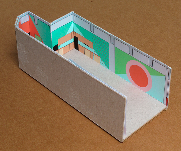 wall paint design study model, red and pink circles against a mixed blue and green background, minimalist and geometric
