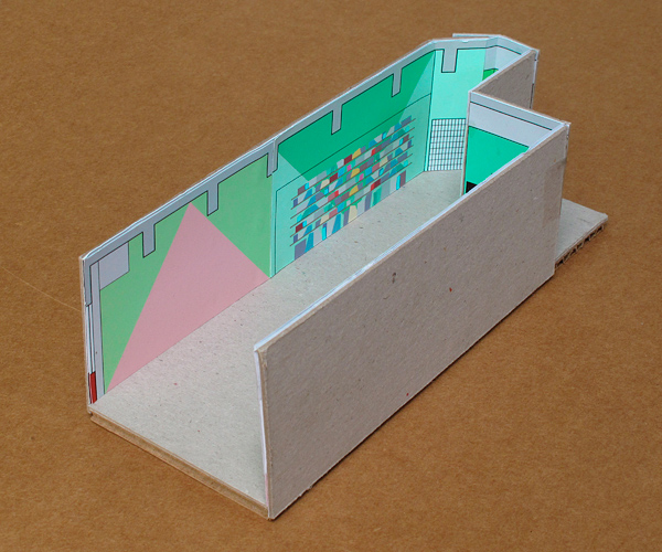 wall paint design study model, pink triangle mountain against a mixed blue and green background, minimalist and geometric