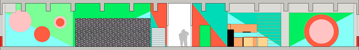 wall elevation paint design study, red and pink circles against a mixed blue and green background, minimalist and geometric