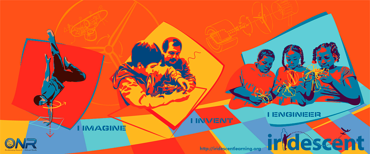 Iridescent orange banner with drawings of people and children doing experiments