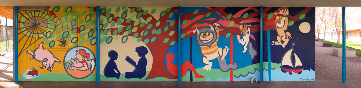 Storybook day to night mural - Charlotte’s Web & Where the Wild Things Are - Kester Elementary in Van Nuys, CA