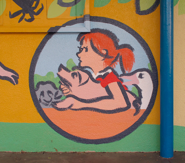 Storybook mural - Charlotte’s Web detail, girl with pig - Kester Elementary in Van Nuys, CA