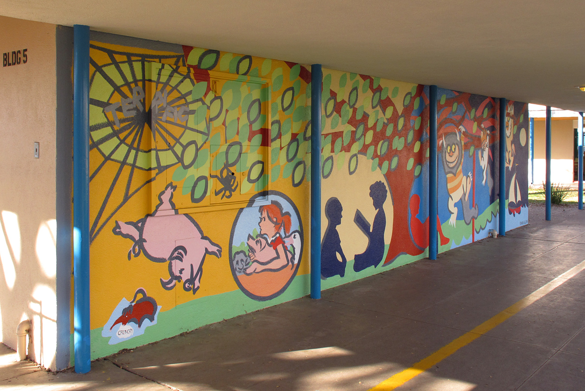 Storybook day to night mural - Charlotte’s Web & Where the Wild Things Are - Kester Elementary in Van Nuys, CA