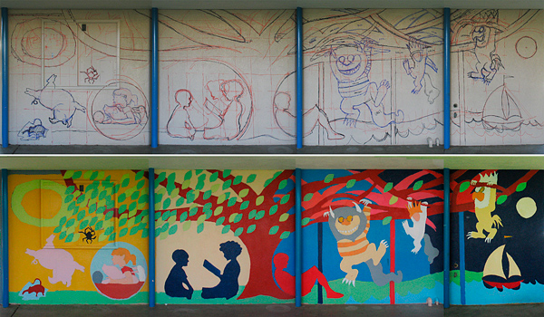 Storybook mural - mural drawing and first coat of paint - Kester Elementary in Van Nuys, CA