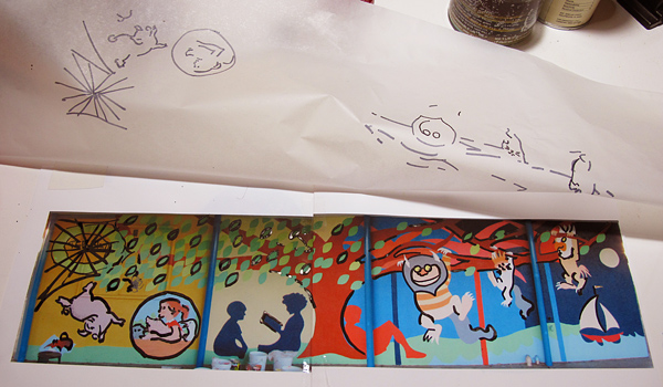 Storybook mural - sketch of large outline lines - Kester Elementary in Van Nuys, CA